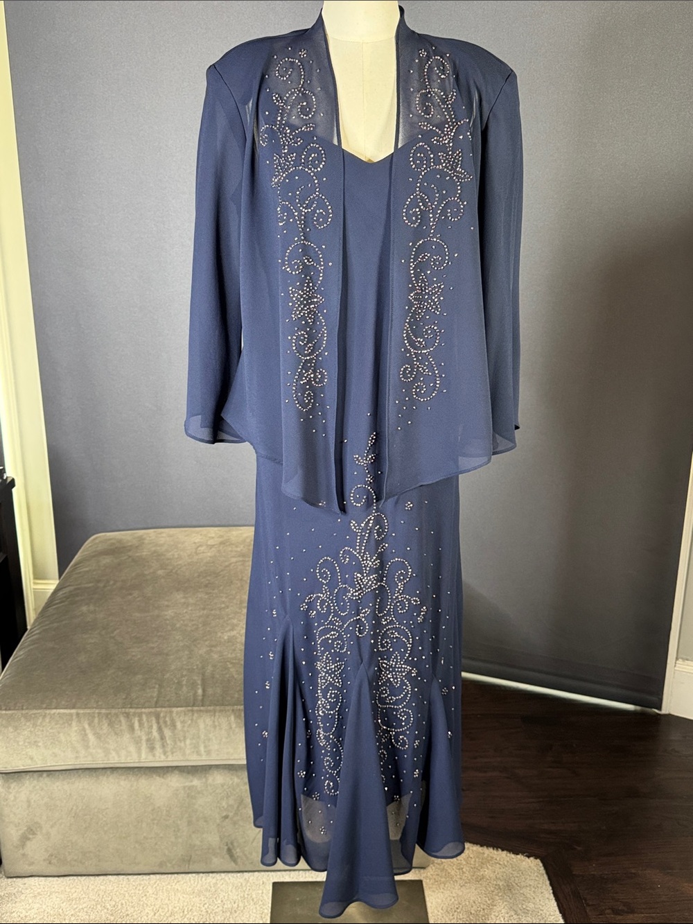 Womens R&M Richards Navy Blue 2 Piece Beaded Chiffon Formal Jacket Dress Size 14